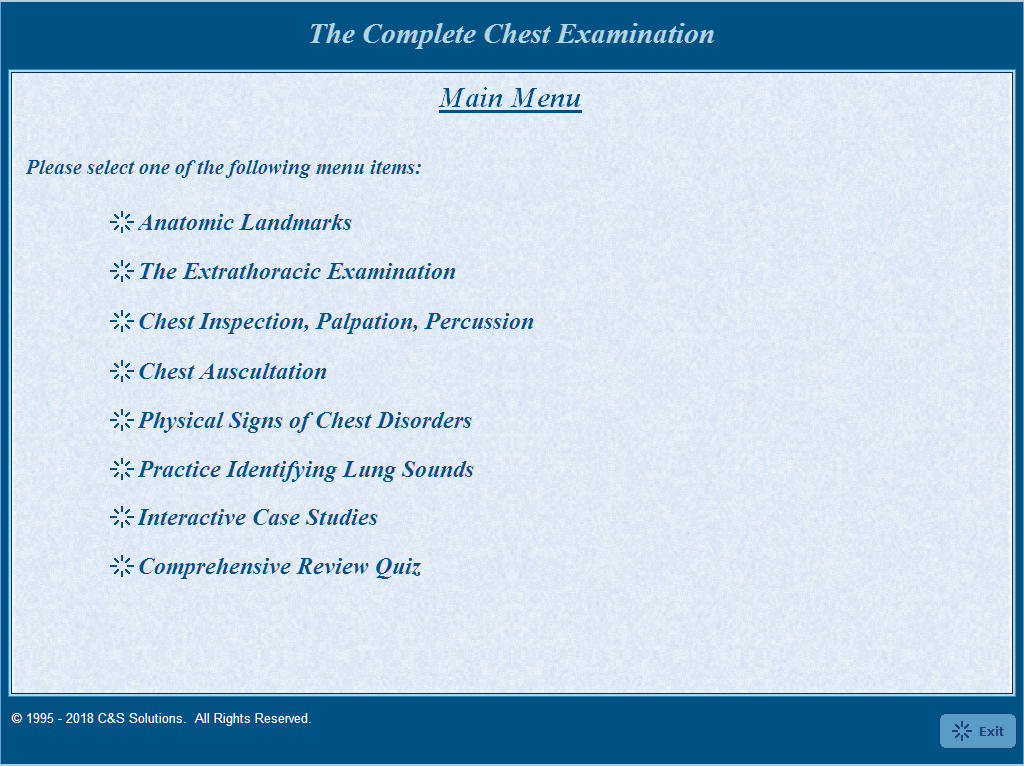 The Complete Chest Examination Main Menu