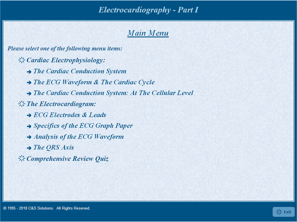Electrocardiography Part I: Cardiac Electrophysiology & The Electrocardiogram Main Menu